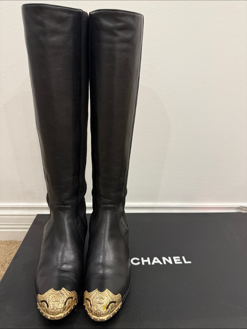 Chanel Runway Black Leather Knee High Boots Gold CC Cap Toe Western Hardware 37 - Picture 1 of 13
